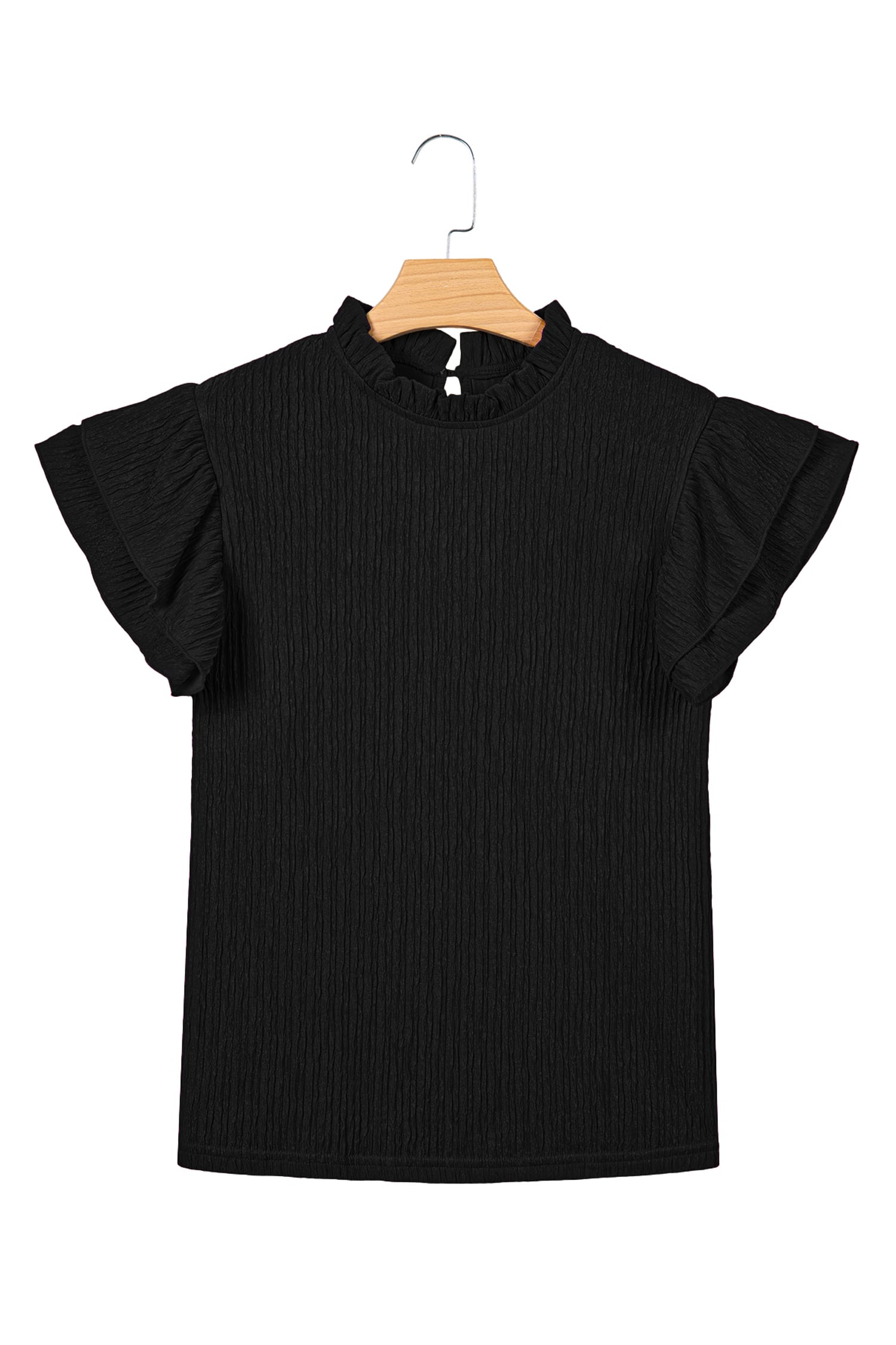Black Solid Color Textured Ruffle Trim Short Sleeve Blouse