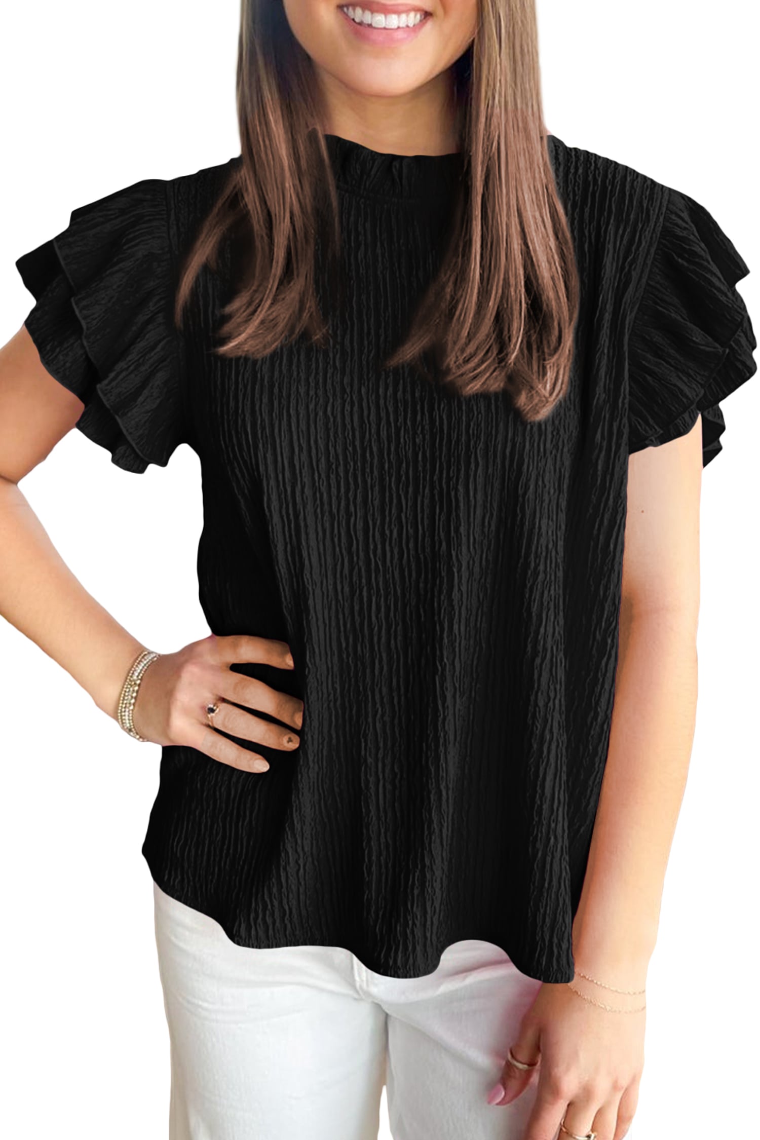 Black Solid Color Textured Ruffle Trim Short Sleeve Blouse