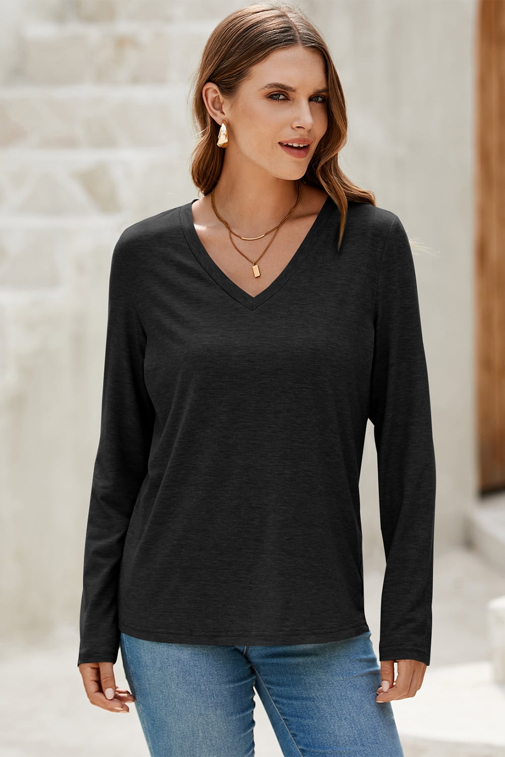 Black Solid Color V Neck Long Sleeve Stretchy Top