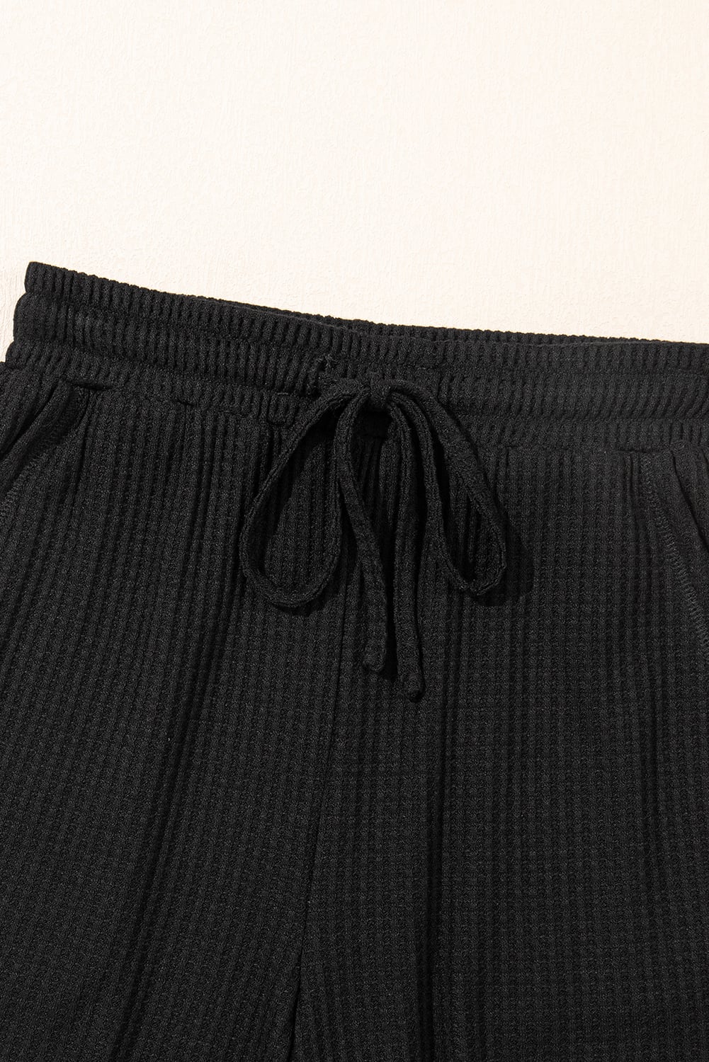 Black Solid Color Waffled V Neck Loose Tee Drawstring Shorts Set