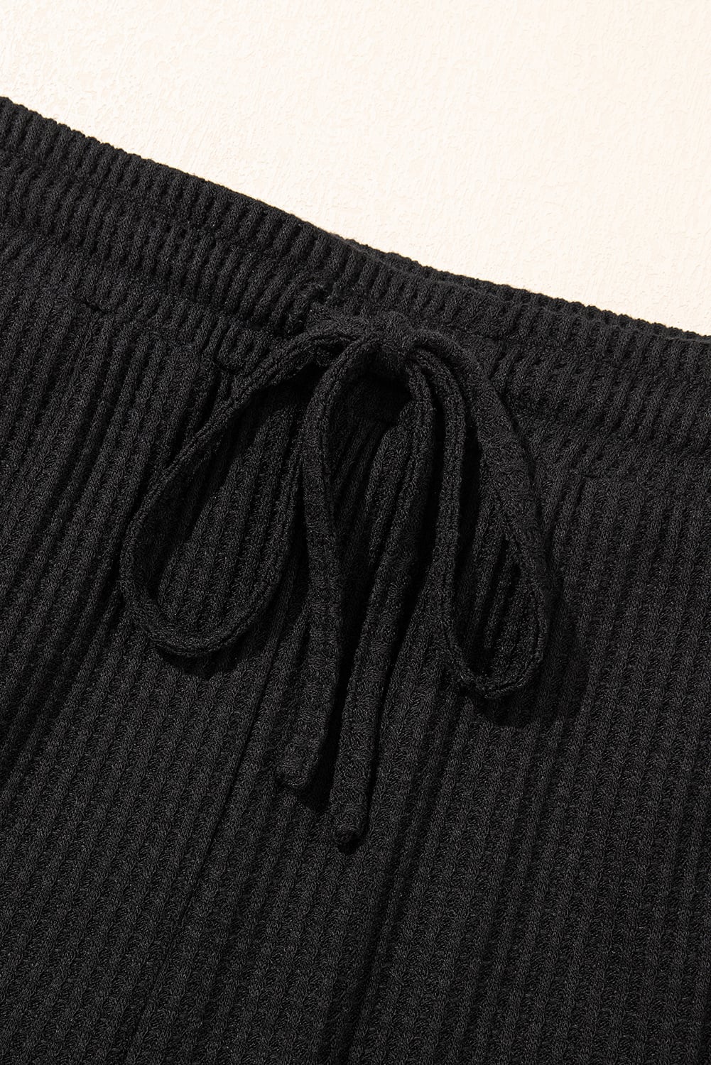 Black Solid Color Waffled V Neck Loose Tee Drawstring Shorts Set