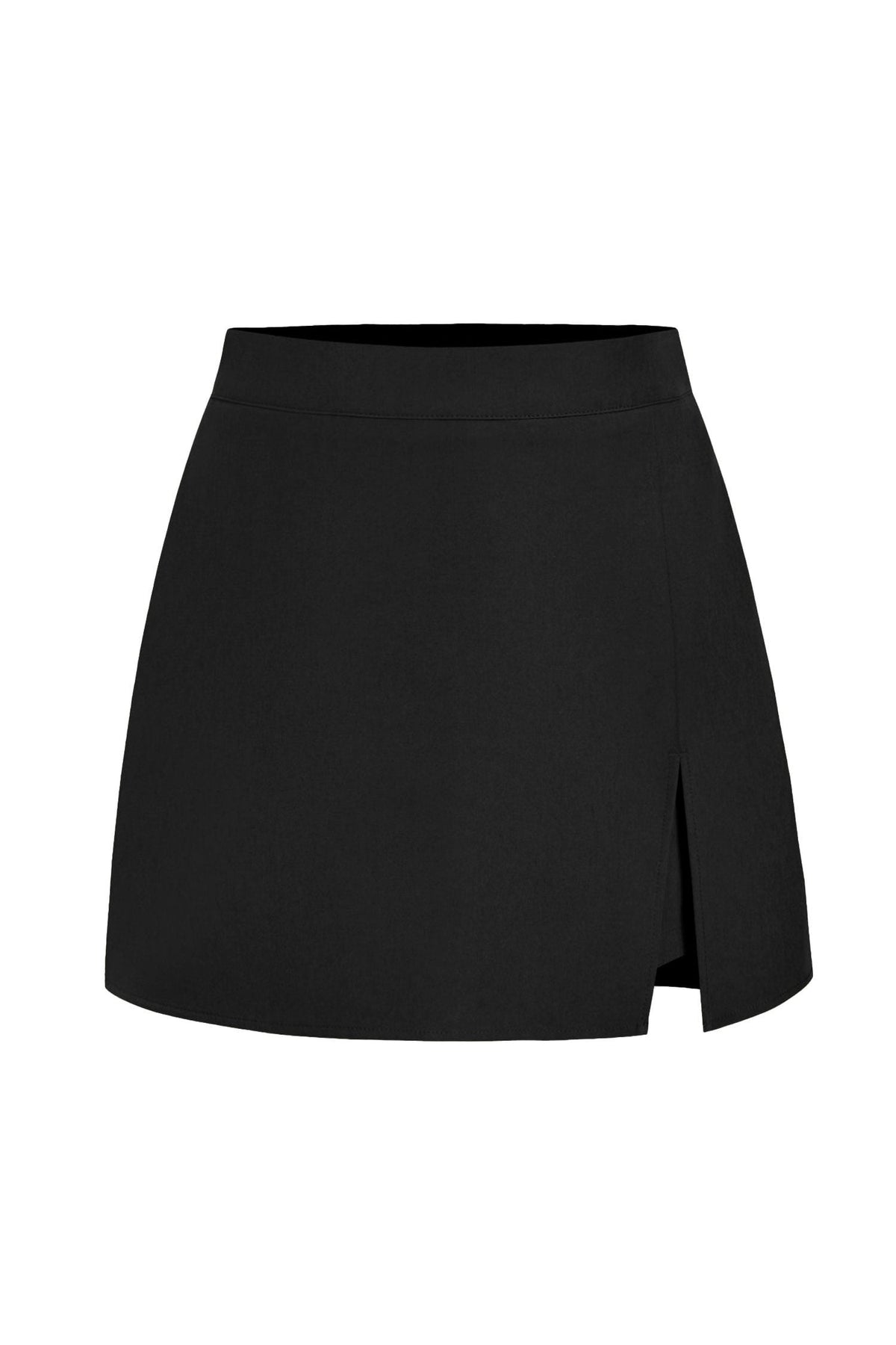 Black Solid High Waist Split Front Casual Skort