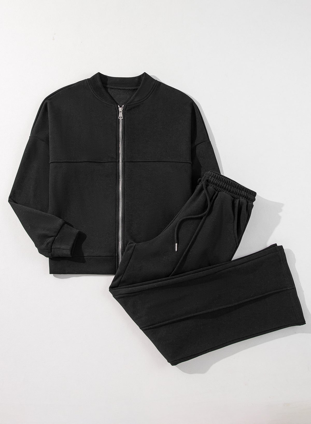 Black Solid Seamed Zipper Jacket and Drawstring Waist Pants Set