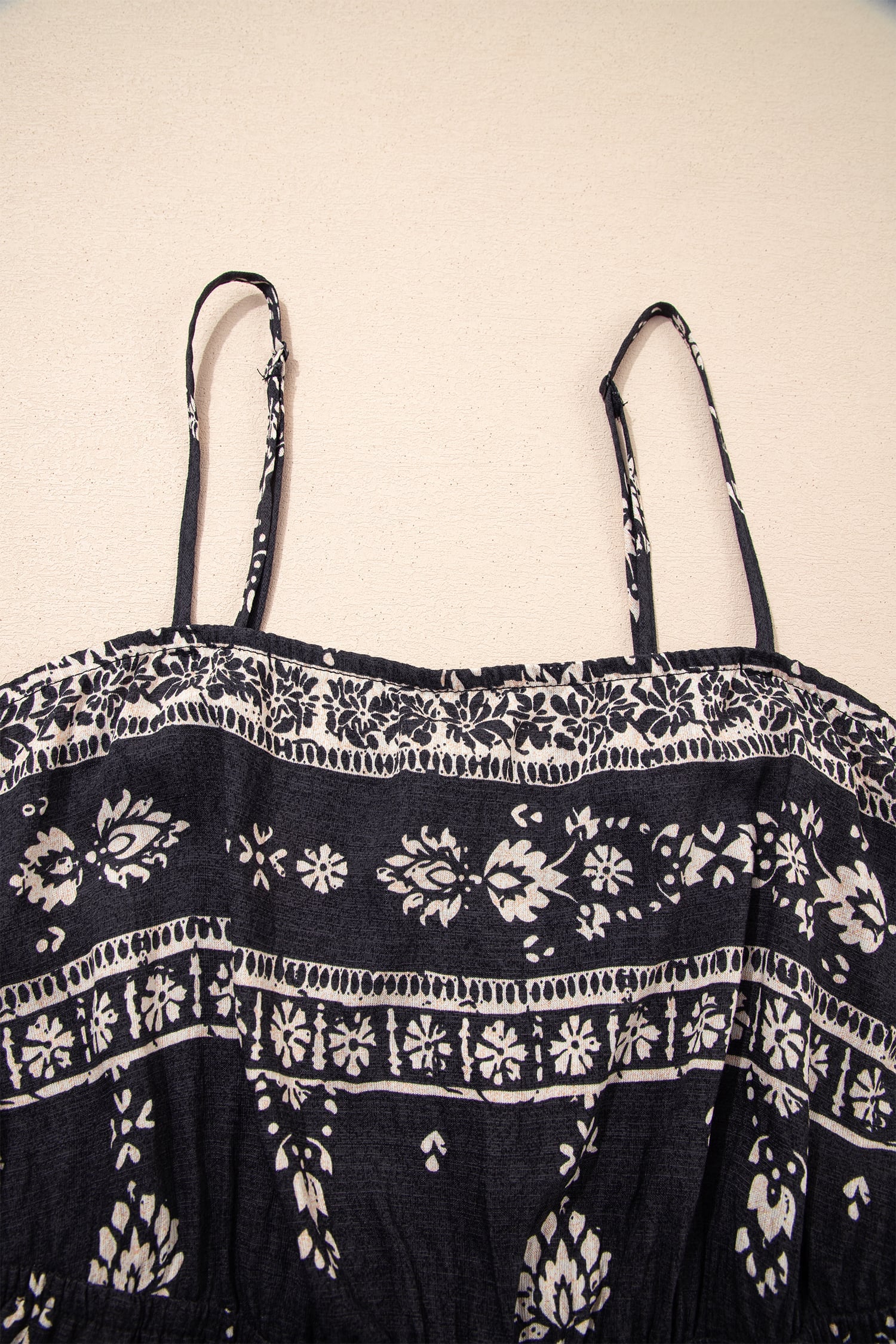 Black Spaghetti Straps Elastic Waist Loose Ethnic Print Jumpsuit