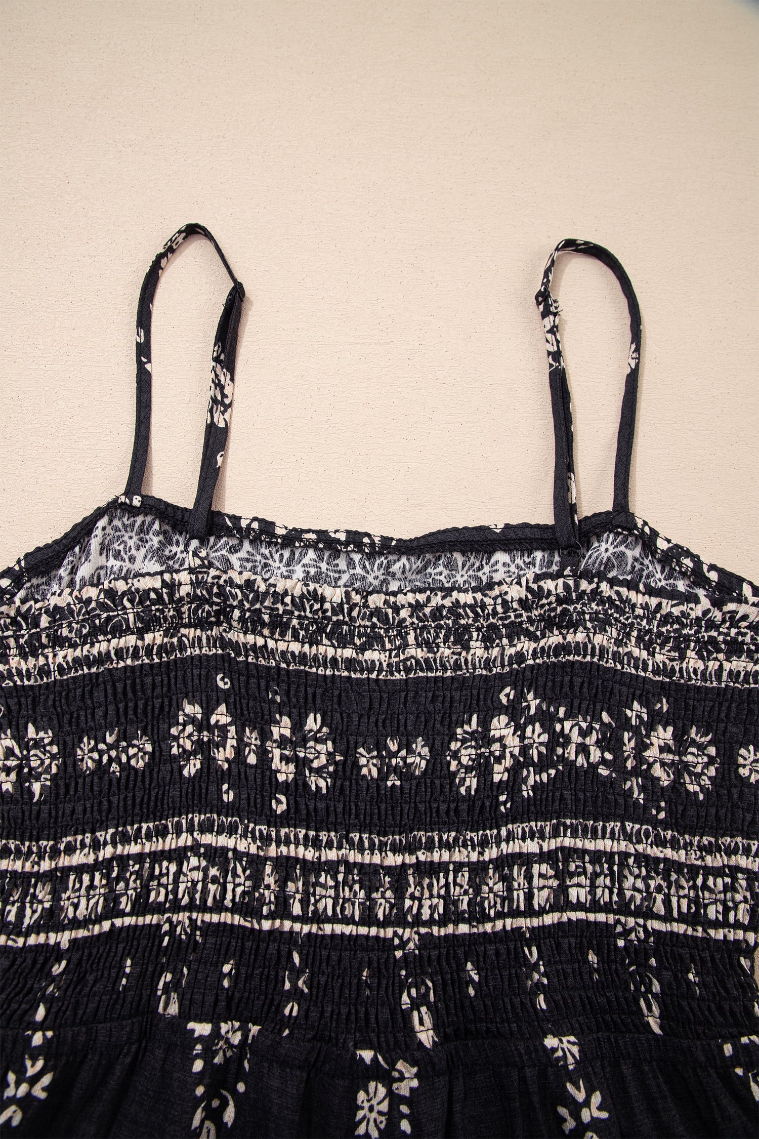 Black Spaghetti Straps Elastic Waist Loose Ethnic Print Jumpsuit