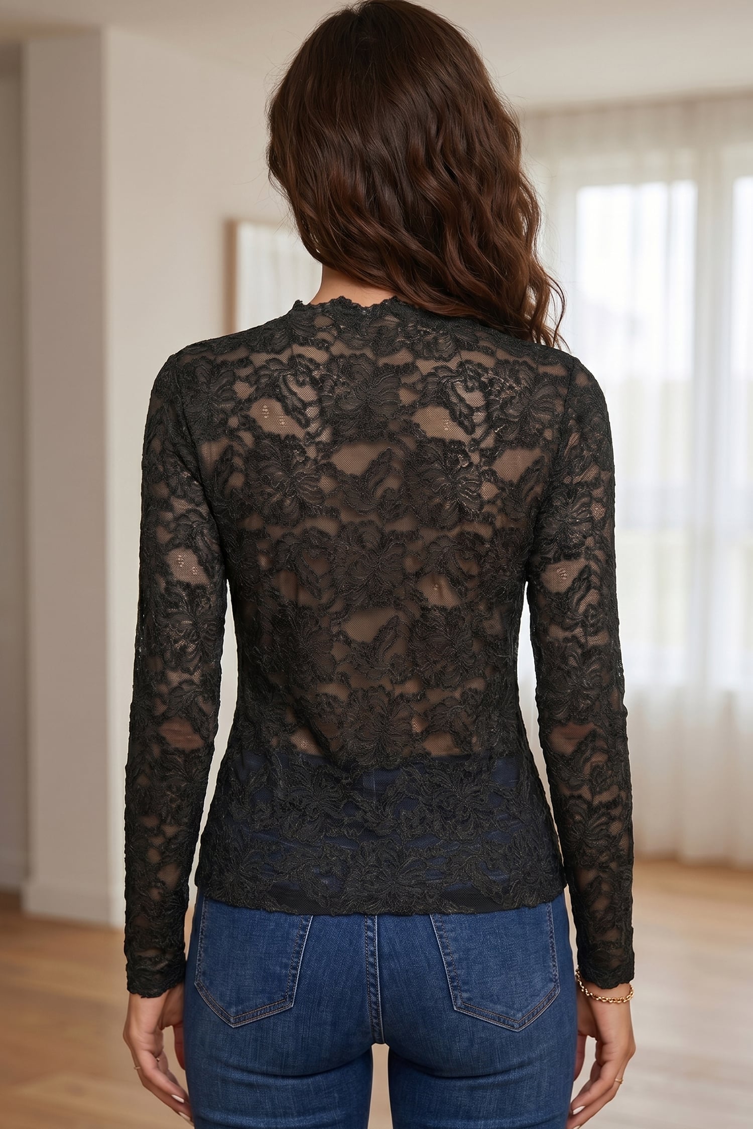 Black Elegant Stand Neck Lace Long Sleeve Top