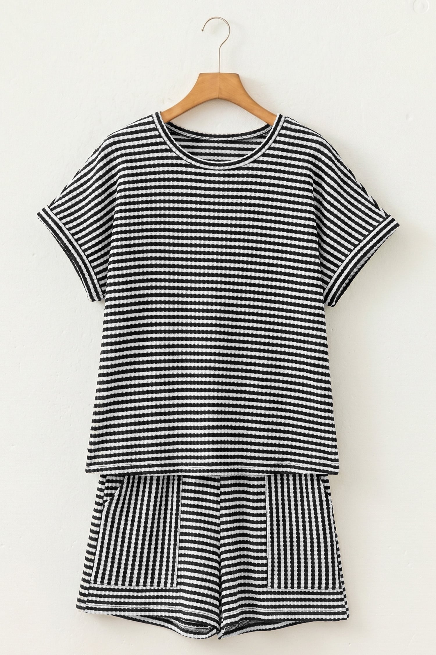 Black Stripe Breathable Textured Knit Short 2pcs Set