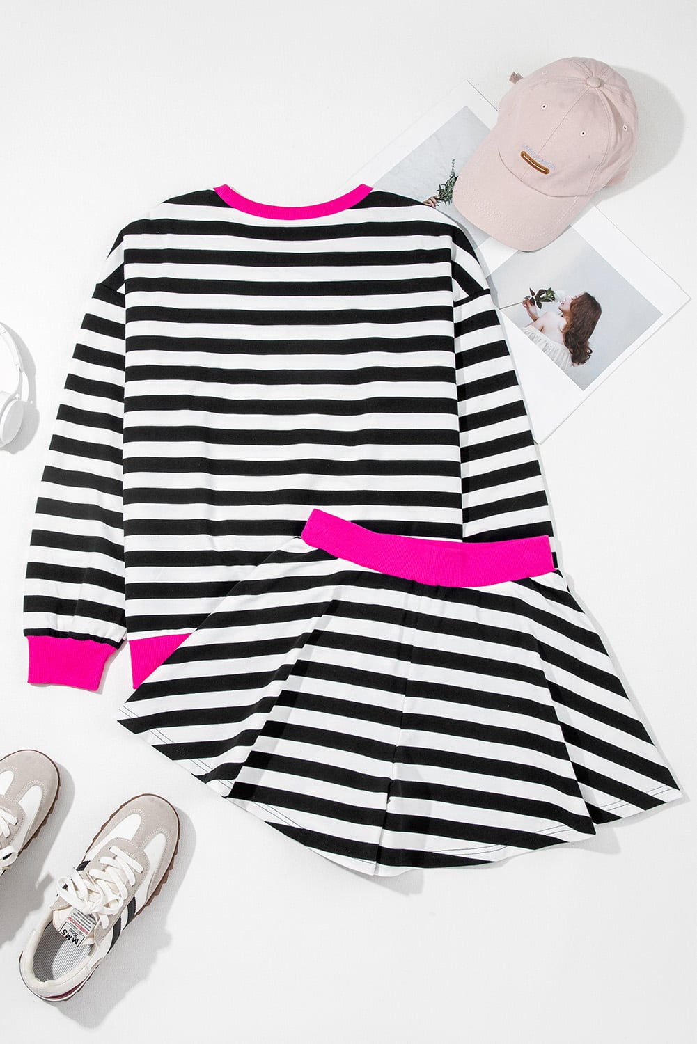 Black Stripe Contrast Ribbed Banding Long Sleeve Blouse Loose Shorts Set