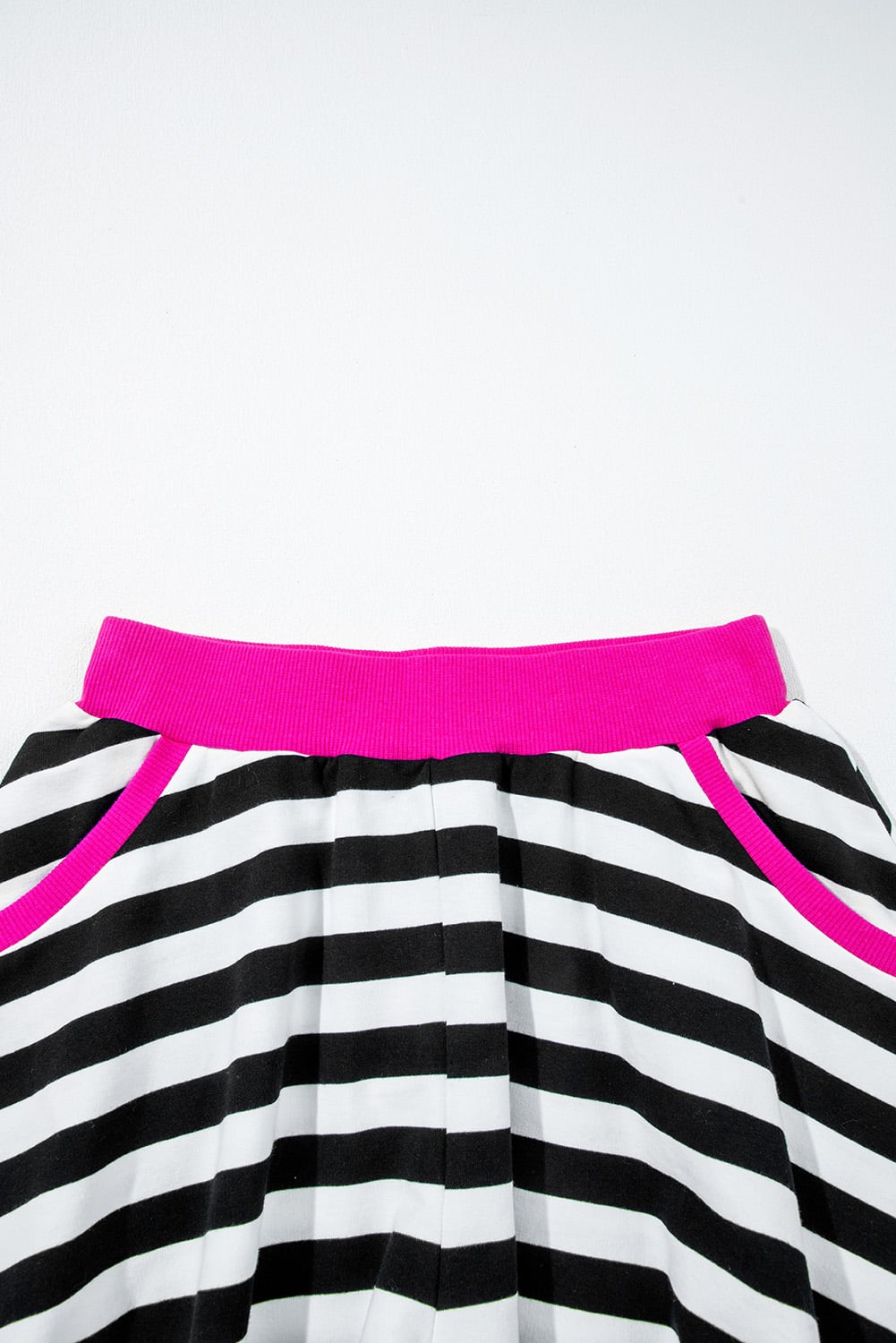 Black Stripe Contrast Ribbed Banding Long Sleeve Blouse Loose Shorts Set