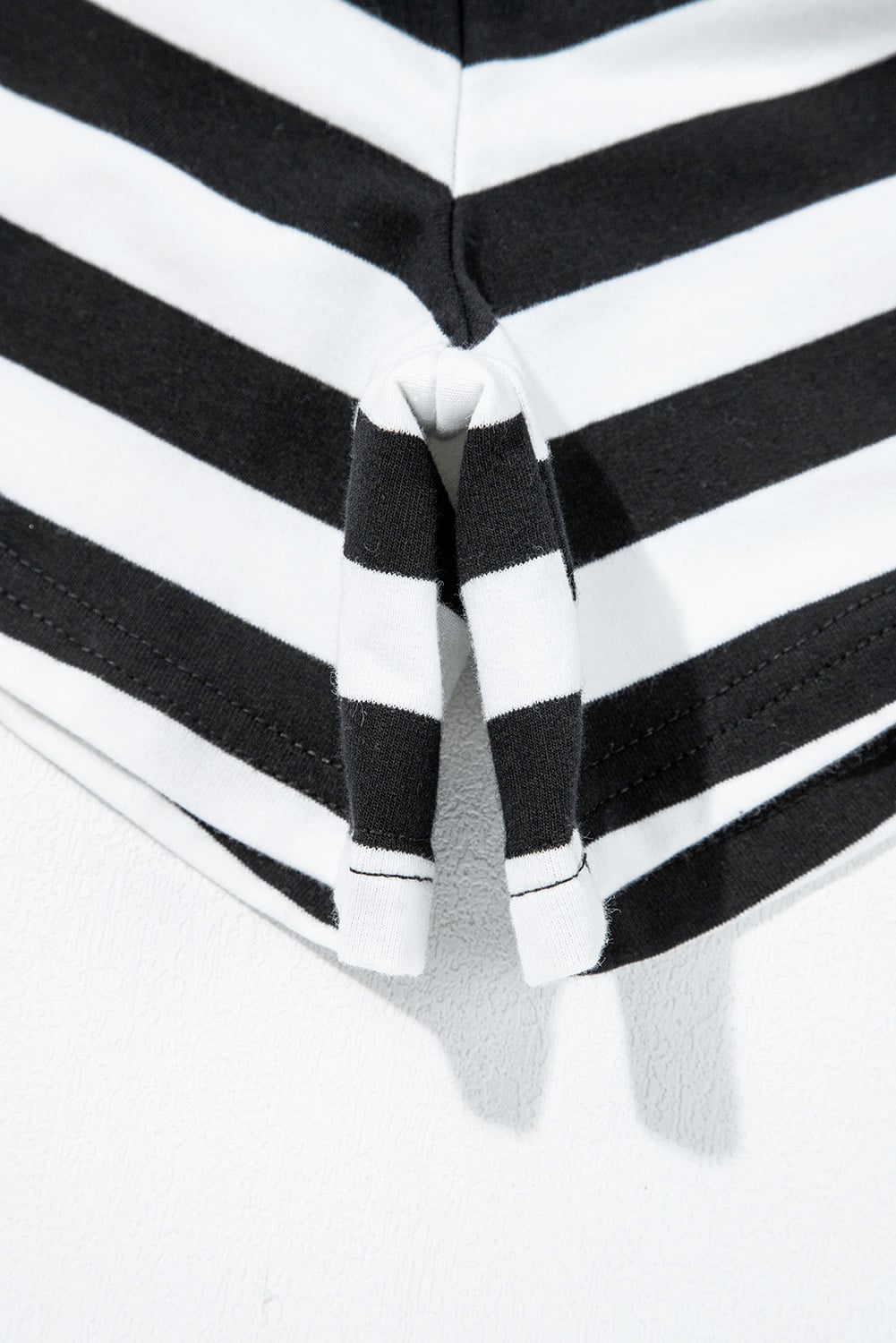Black Stripe Contrast Ribbed Banding Long Sleeve Blouse Loose Shorts Set