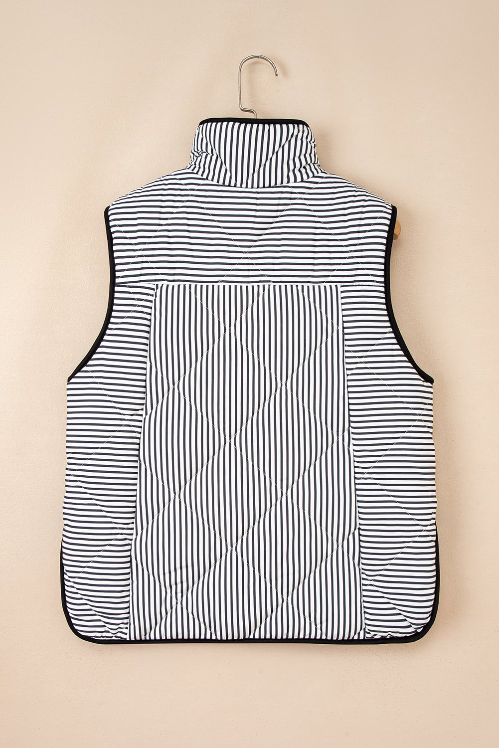 Black Stripe Contrast Trim Snap Button Collared Winter Vest