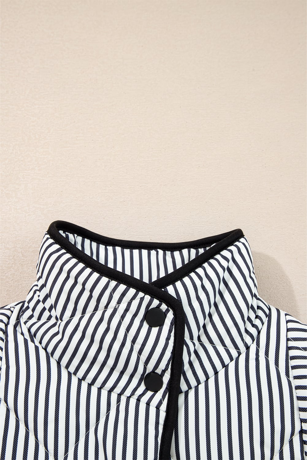 Black Stripe Contrast Trim Snap Button Collared Winter Vest