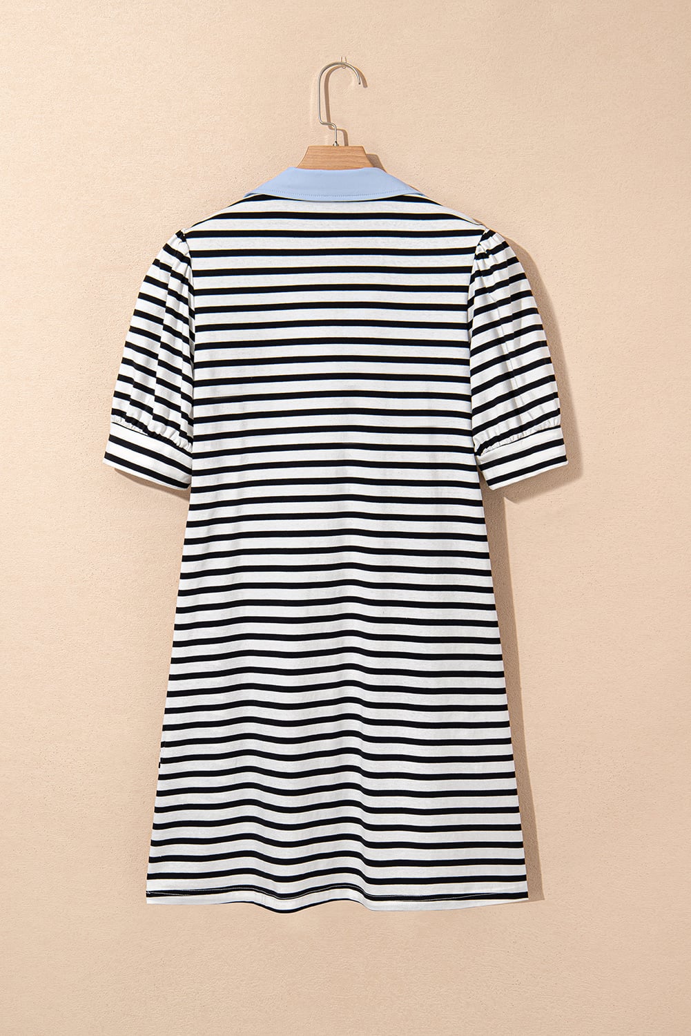 Black Stripe Contrast V Neck Collared Puff Sleeve T Shirt Mini Dress with Pockets