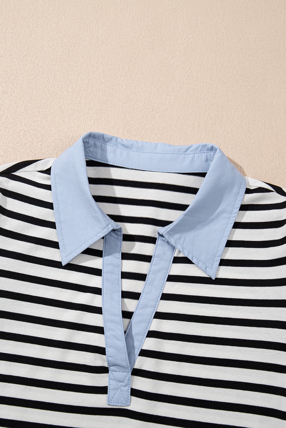 Black Stripe Contrast V Neck Collared Puff Sleeve T Shirt Mini Dress with Pockets