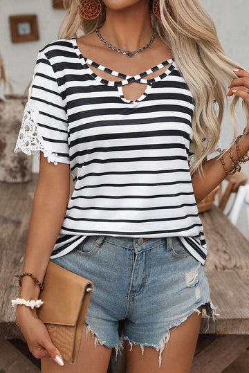 Black Stripe Cross Straps Hollowed Neck Lace Splicing Short Sleeve Blouse