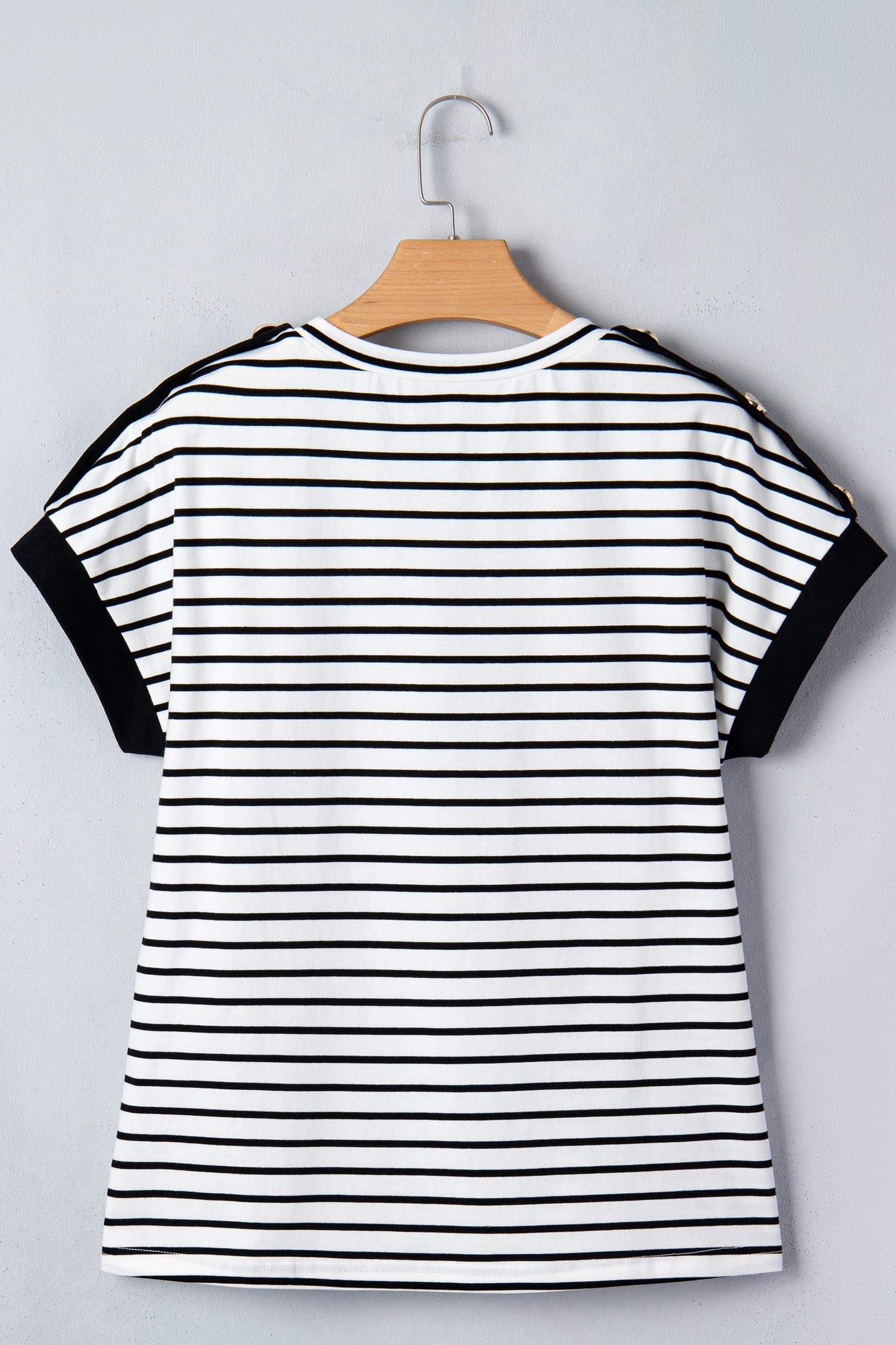Black Stripe Cuffed Sleeve Button Detail Loose Tee