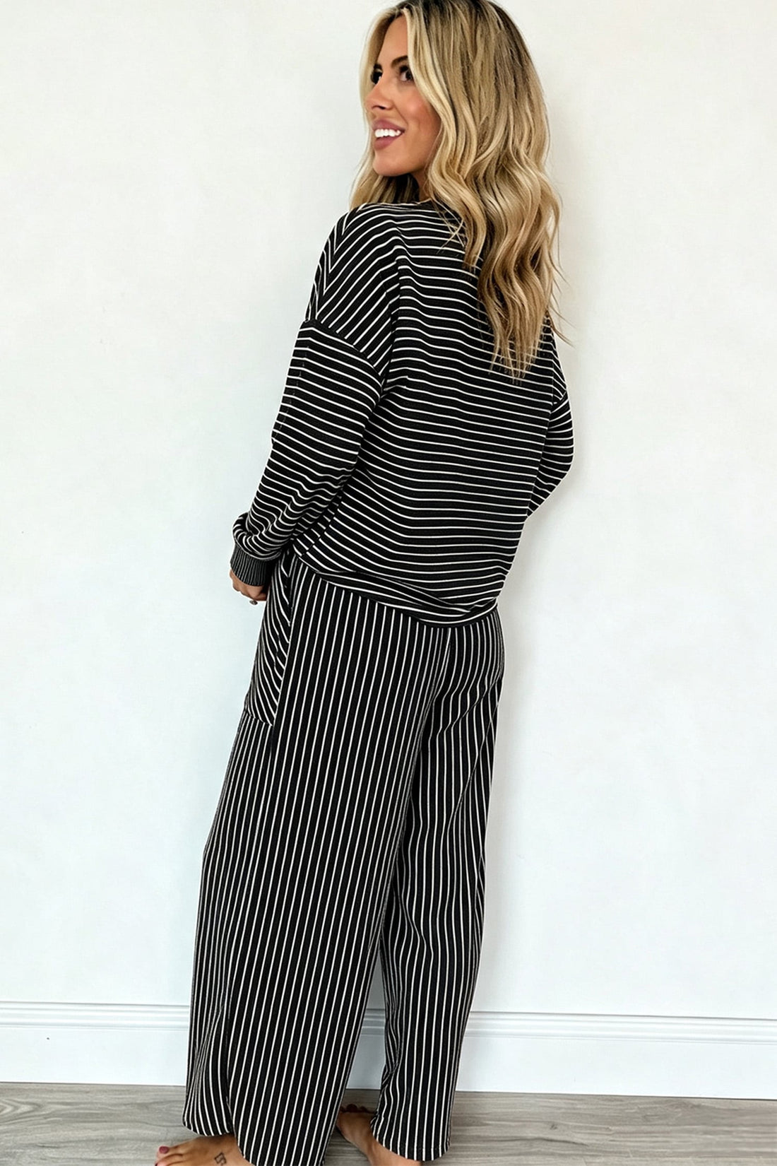Black Stripe Drop Shoulder Relaxed Pullover Casual Pants 2pcs Set
