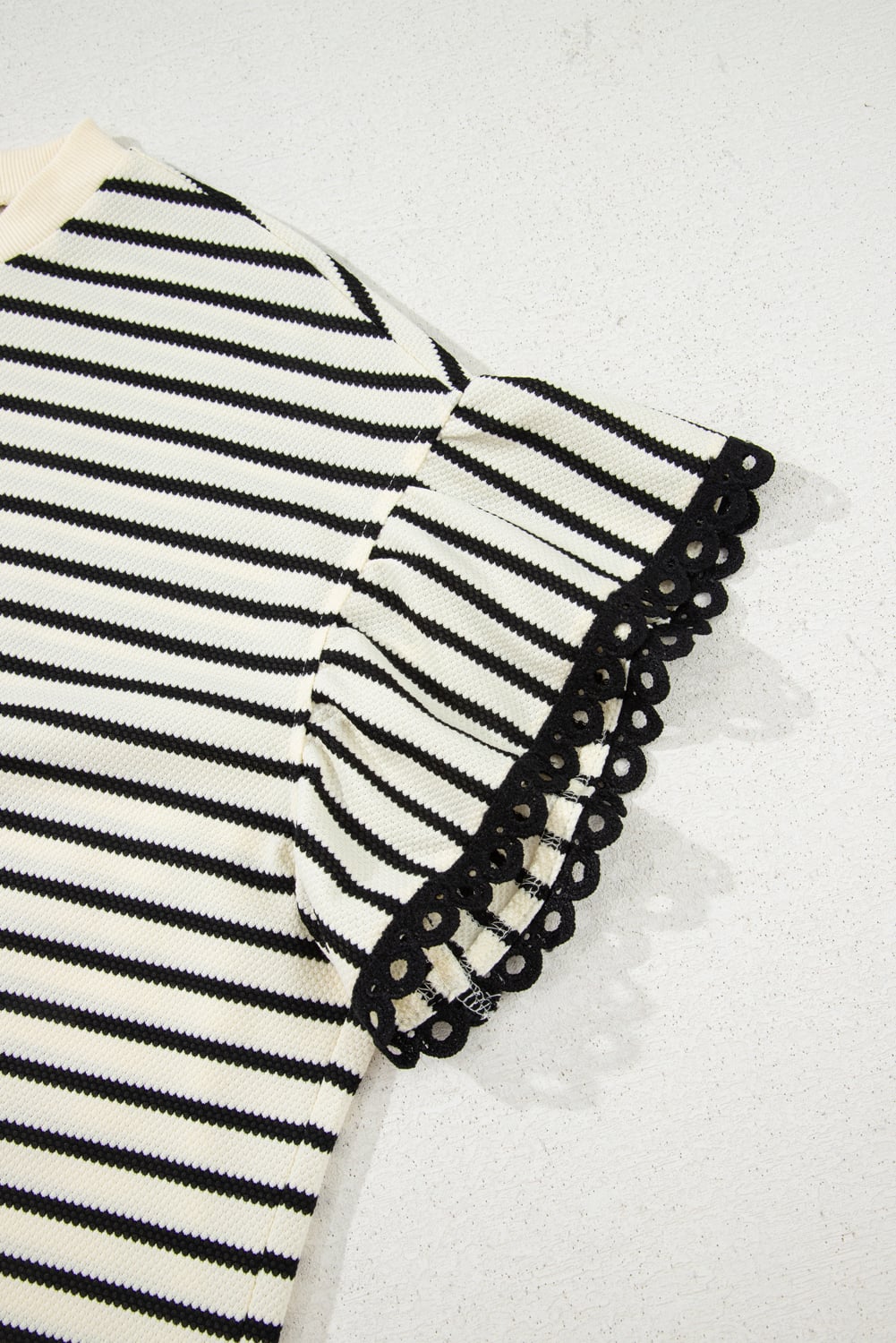 Black Stripe Eyelet Trimmed Ruffled Short Sleeve Plus Size Top
