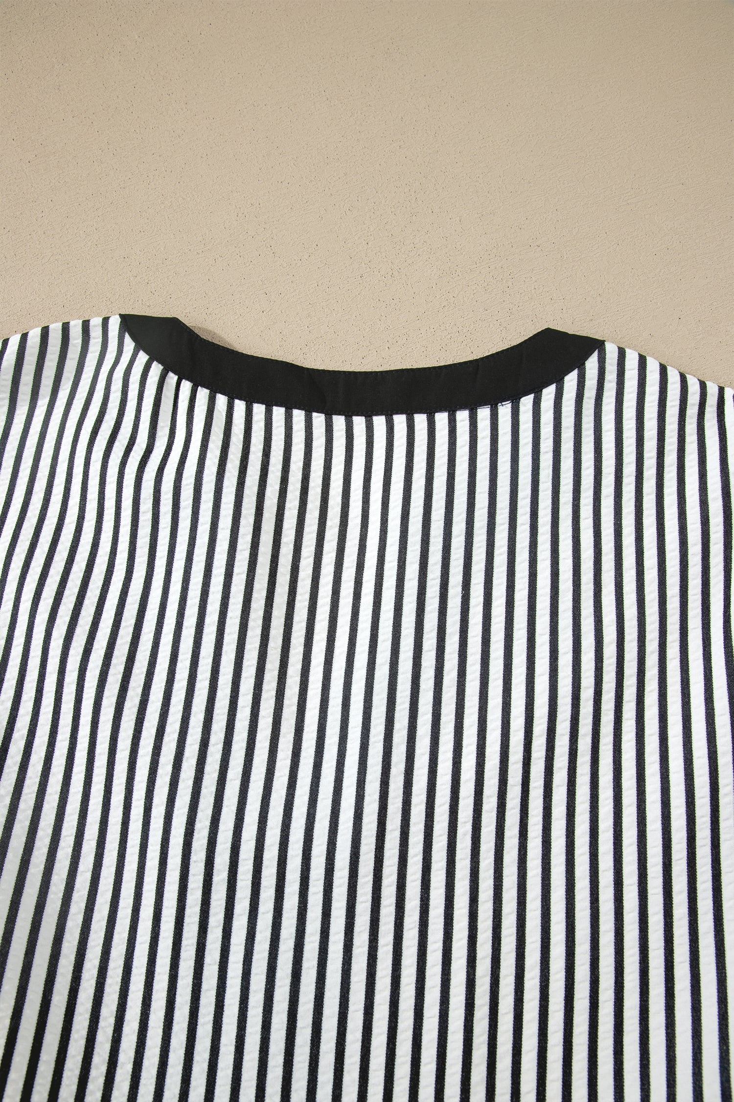 Black Stripe Plus Size Slit V Neck Tiered Flutter Sleeve Maxi Dress