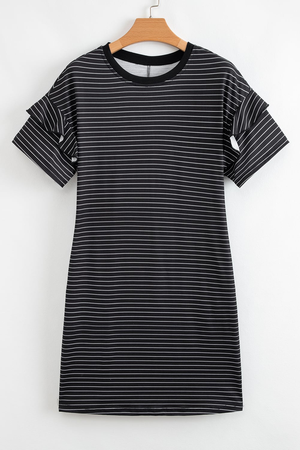Black Stripe Ruffled Short Sleeve Crew Neck T Shirt Shift Mini Dress