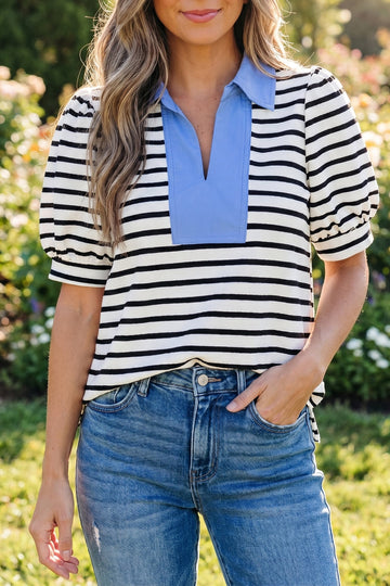 Black Stripe Short Puff Sleeve Color Block Polo Collar Blouse