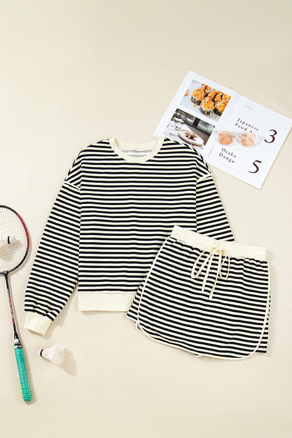 Black Stripe Textured Drop Shoulder Pullover Top Drawstring Mini Skort Two Piece Dress Set