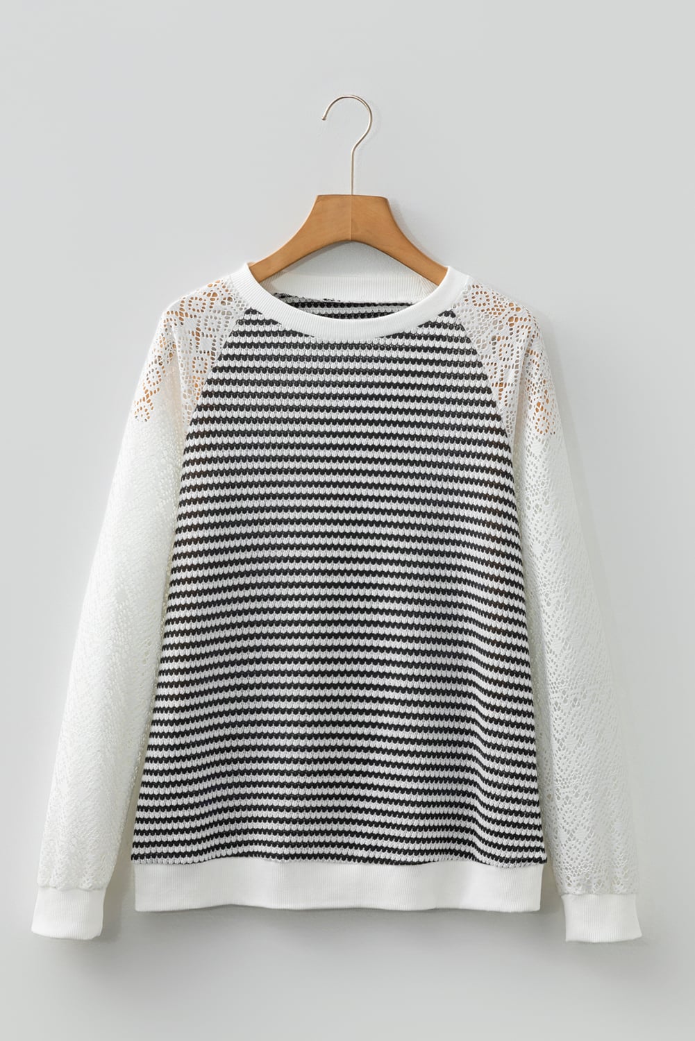 Black Stripe Textured Knit Contrast Hollowed Lace Patchwork Long Sleeve Top