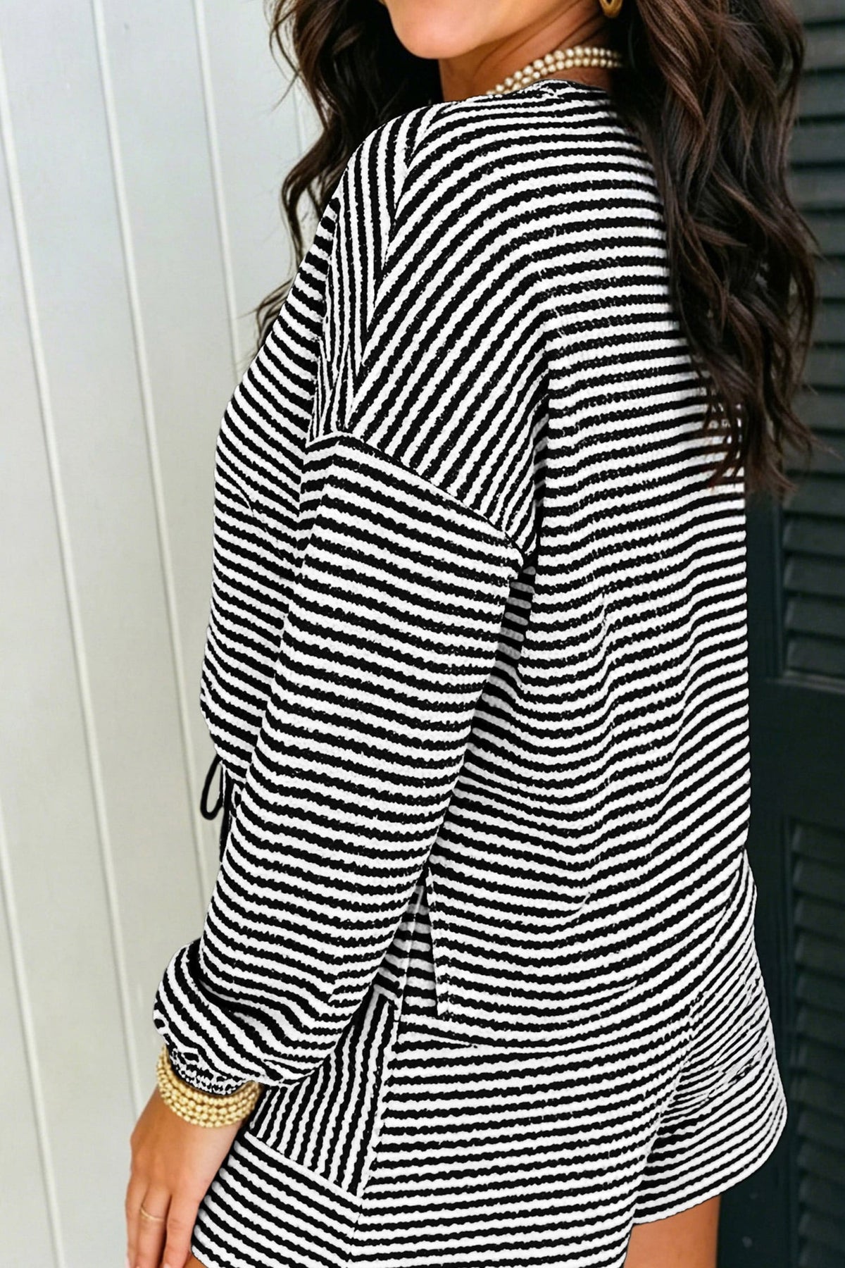 Black Stripe Textured Knit Long Sleeve Top Elastic Waist Shorts Casual Outfit