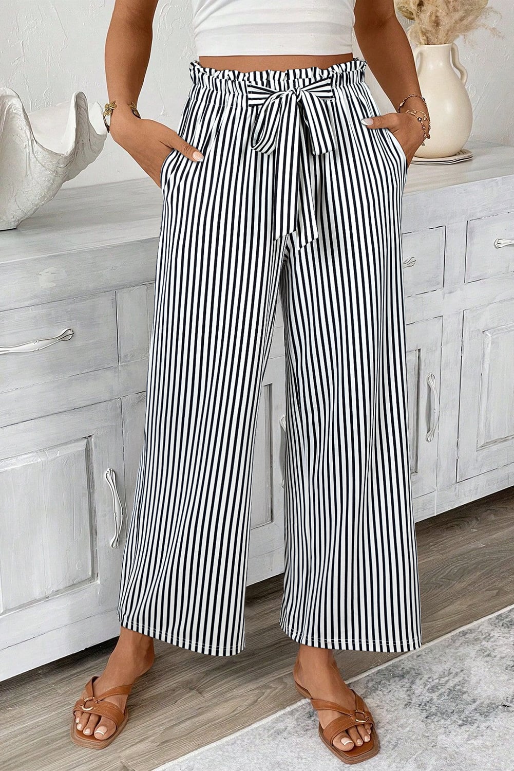 Black Stripe Tied High Waist Loose Straight Casual Pants