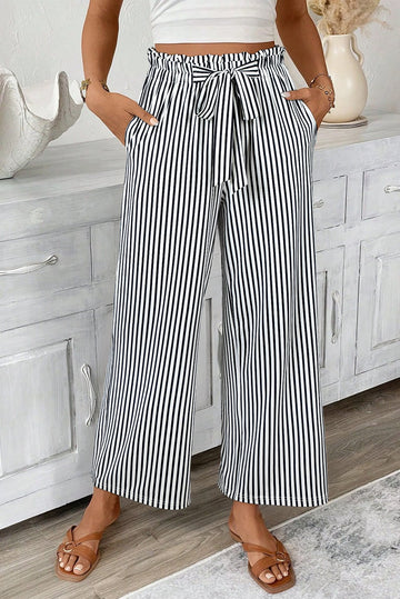 Black Stripe Tied High Waist Loose Straight Casual Pants