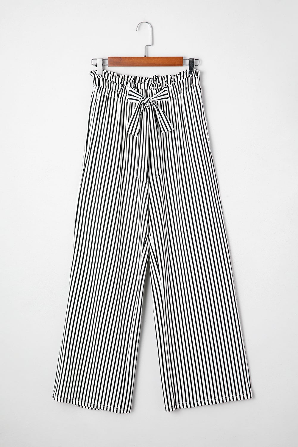Black Stripe Tied High Waist Loose Straight Casual Pants