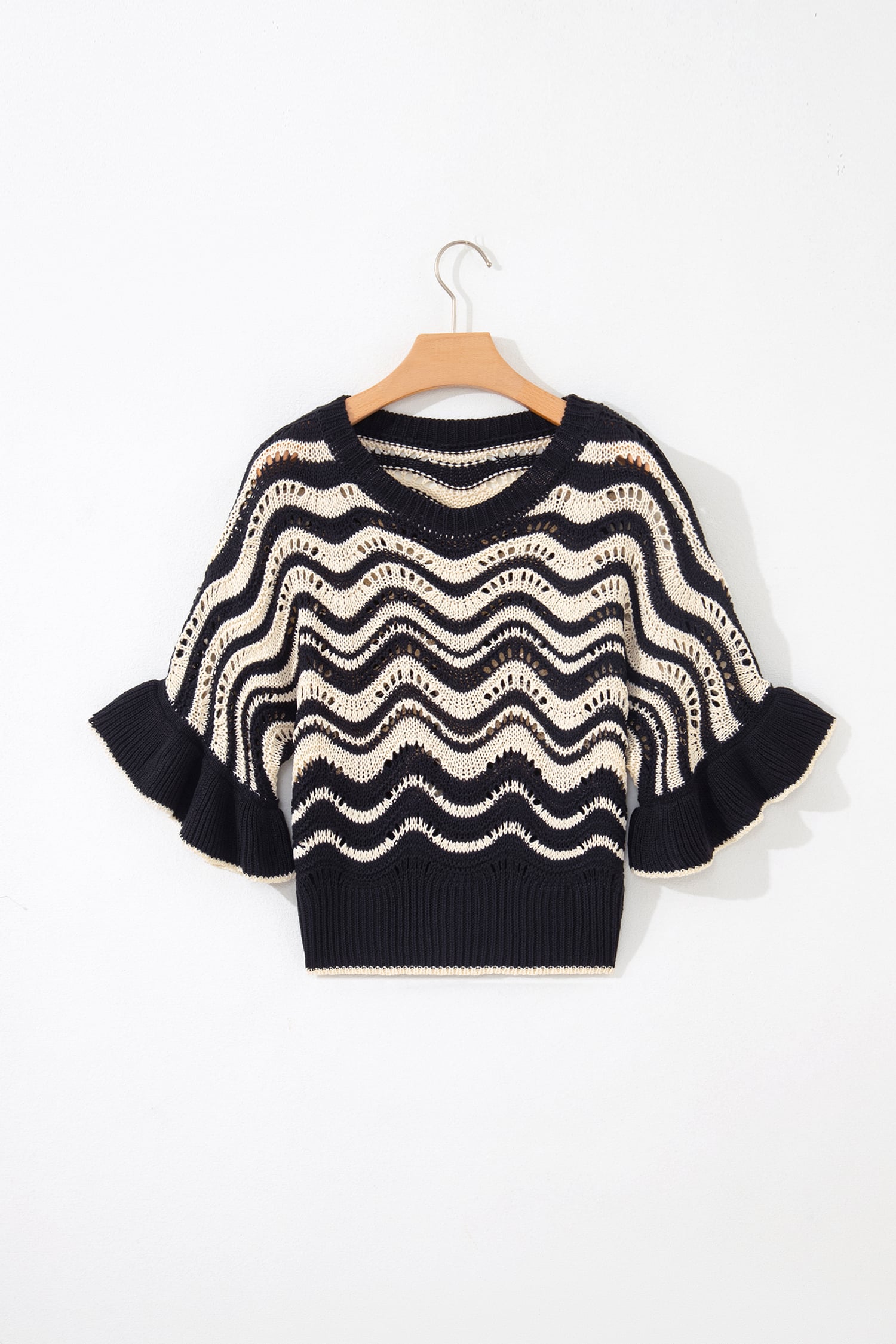 Black Stripe Wavy Crochet Eyelet Detail Ruffle Half Sleeve Sweater