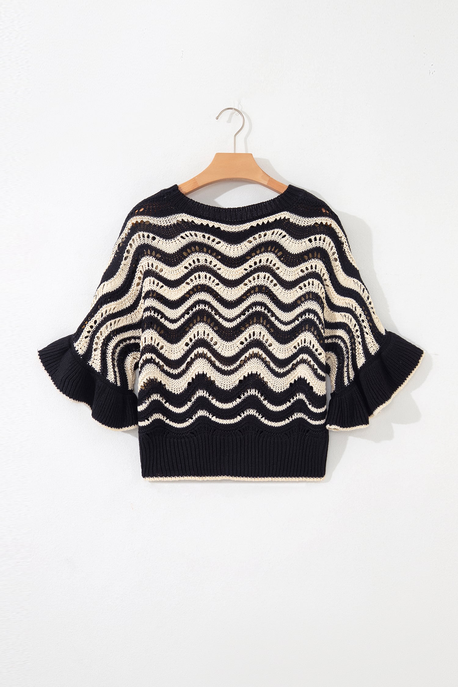 Black Stripe Wavy Crochet Eyelet Detail Ruffle Half Sleeve Sweater