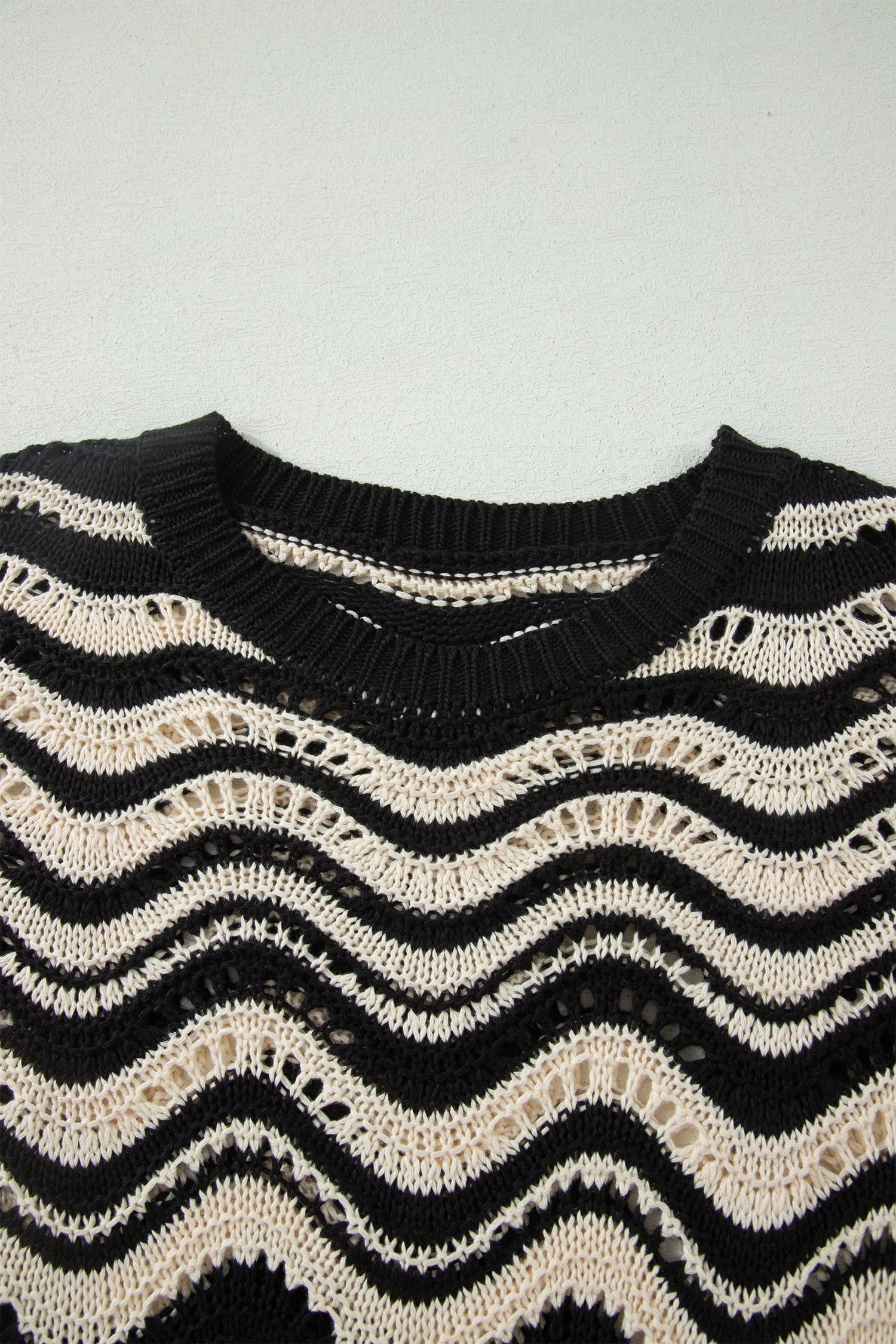 Black Stripe Wavy Crochet Eyelet Detail Ruffle Half Sleeve Sweater