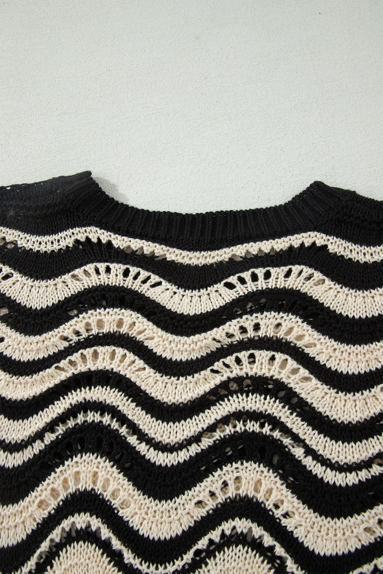 Black Stripe Wavy Crochet Eyelet Detail Ruffle Half Sleeve Sweater