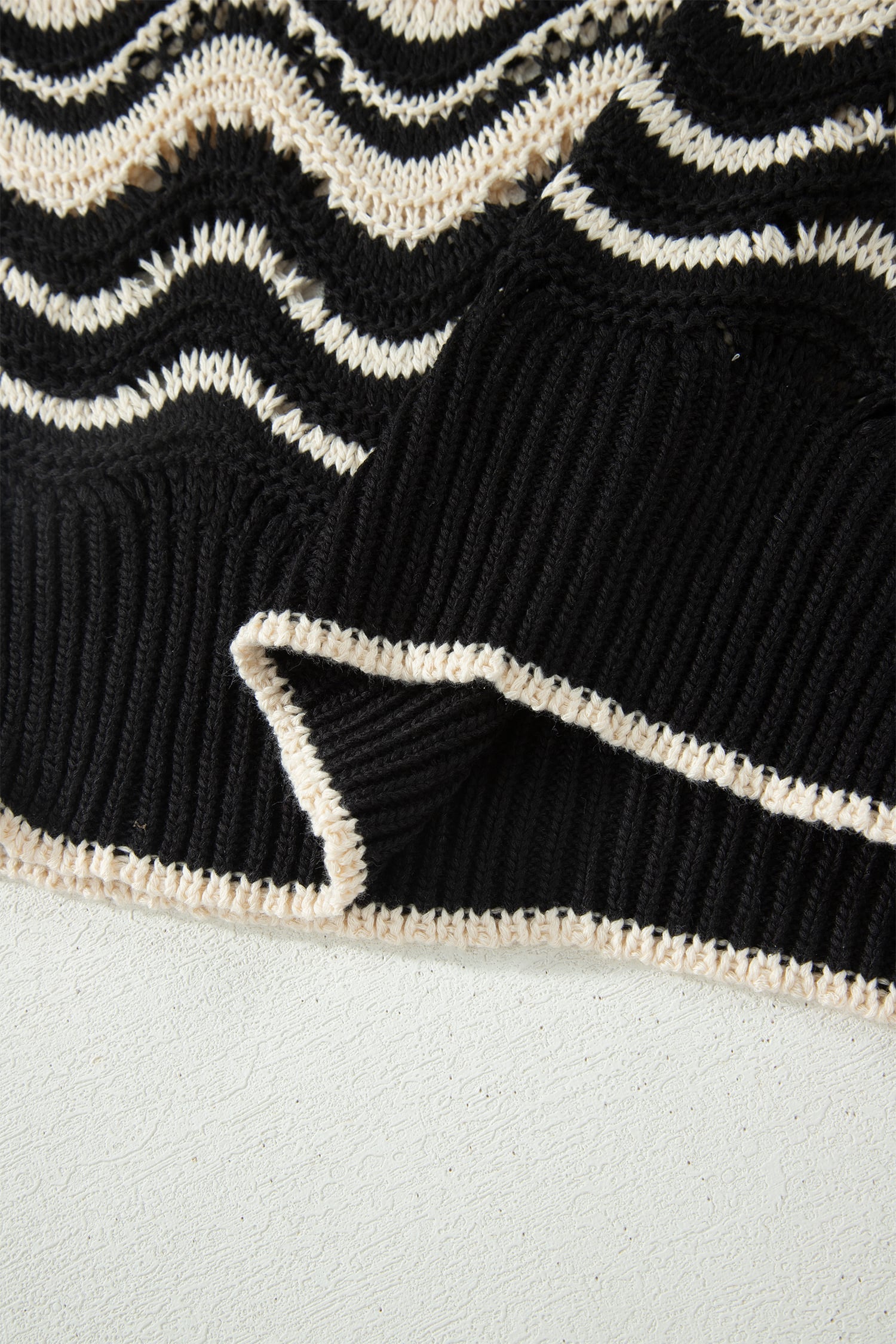 Black Stripe Wavy Crochet Eyelet Detail Ruffle Half Sleeve Sweater