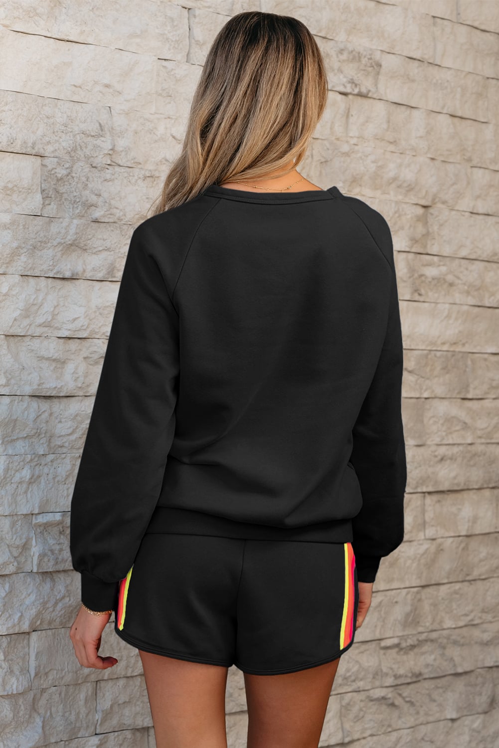 Black Striped Accent Pullover and Shorts Two Piece Casual Set