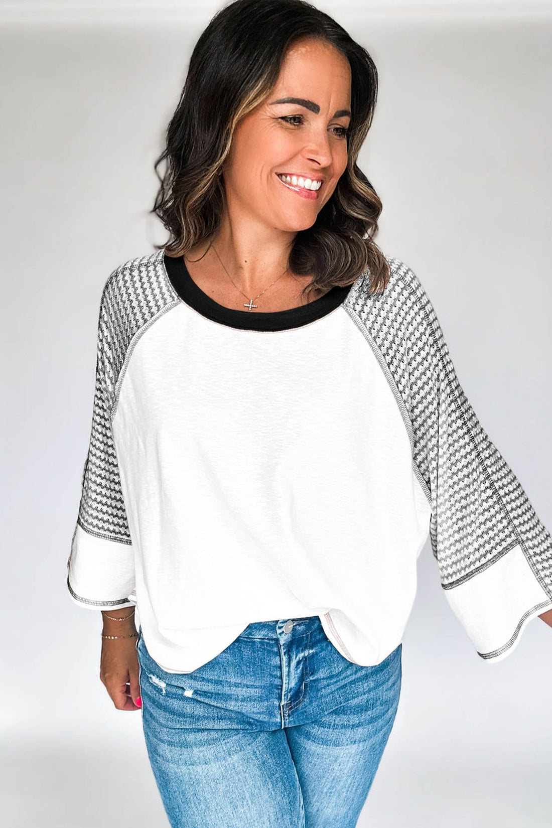 Black Striped Bracelet Sleeve Raglan Patchwork Top