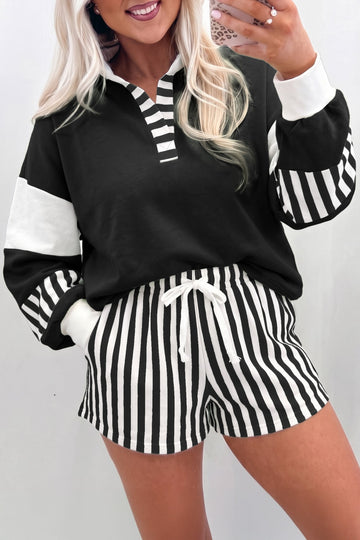 Black Striped Color Block Pullover Top Drawstring Shorts Set