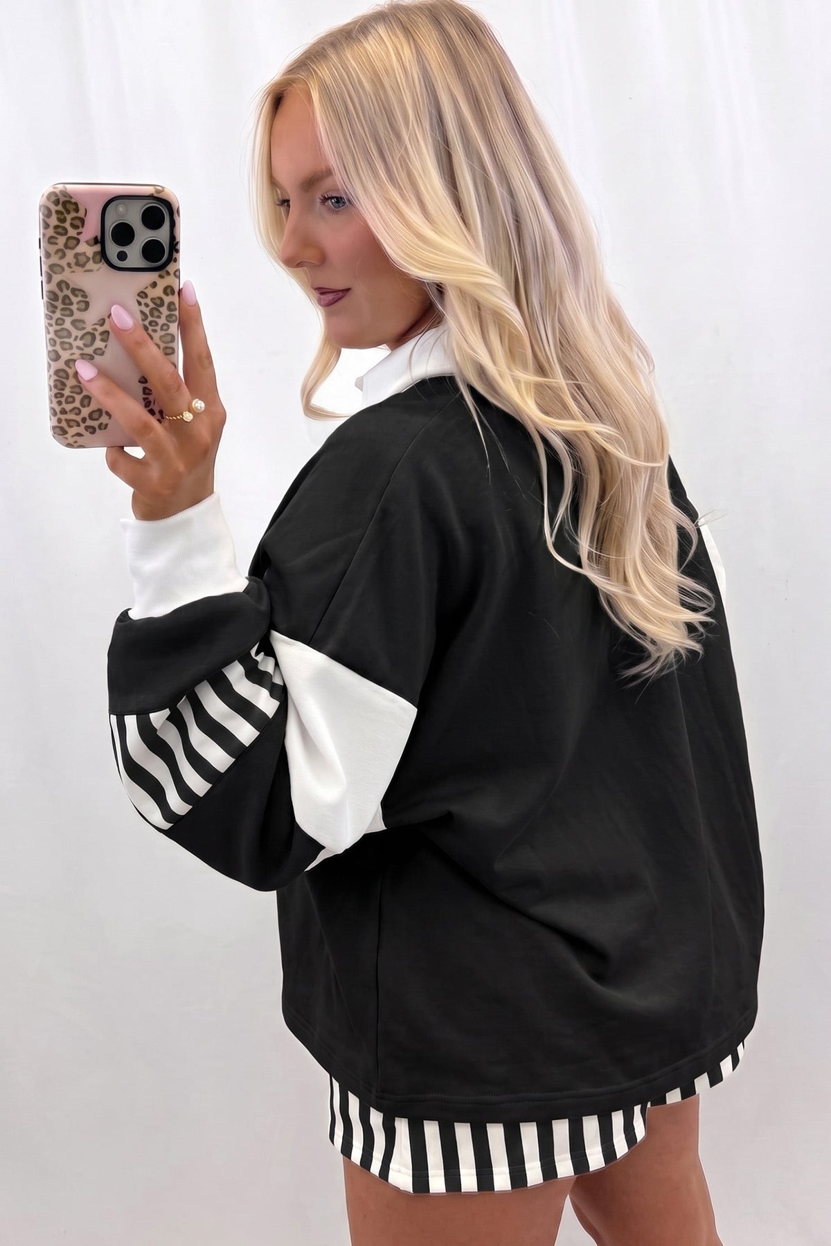 Black Striped Color Block Pullover Top Drawstring Shorts Set