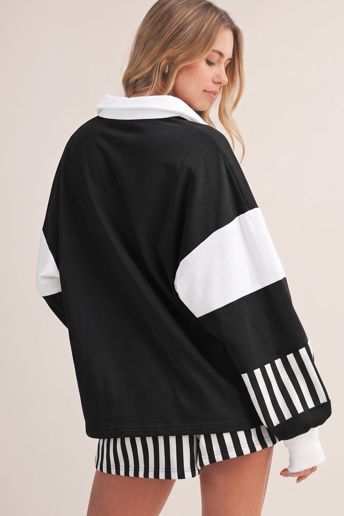 Black Striped Color Block Pullover Top Drawstring Shorts Set