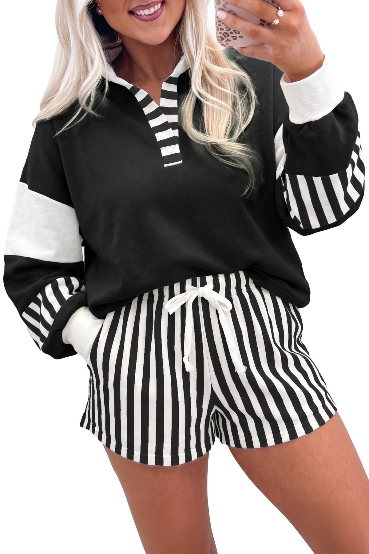 Black Striped Color Block Pullover Top Drawstring Shorts Set