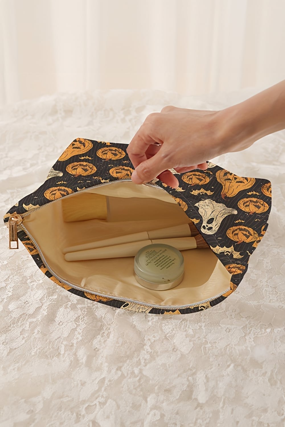 Black Striped Halloween Pumpkin Ghost Printed Makeup Bag
