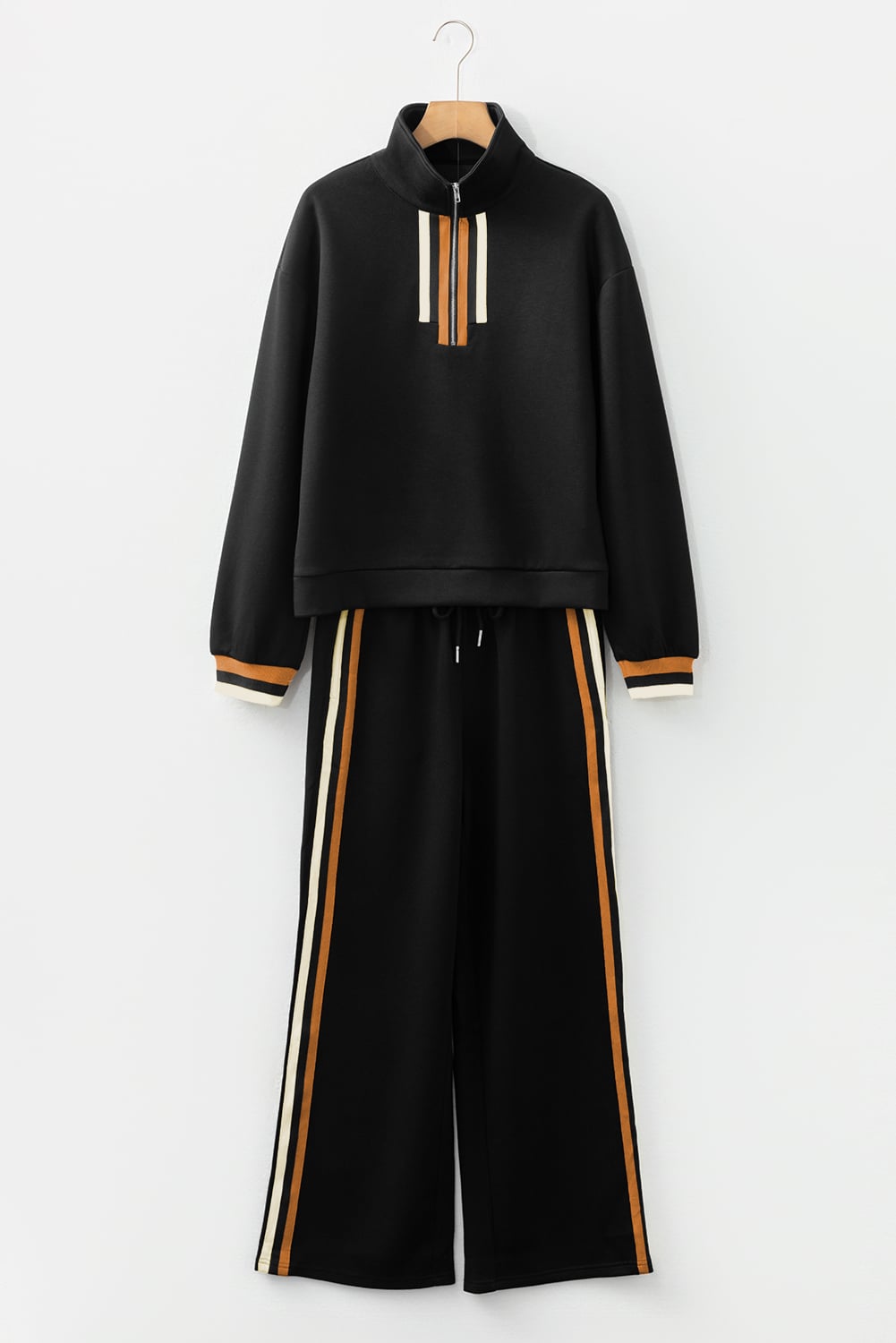Black Striped Patchwork Quarter Zip Pullover Loose Pant Set