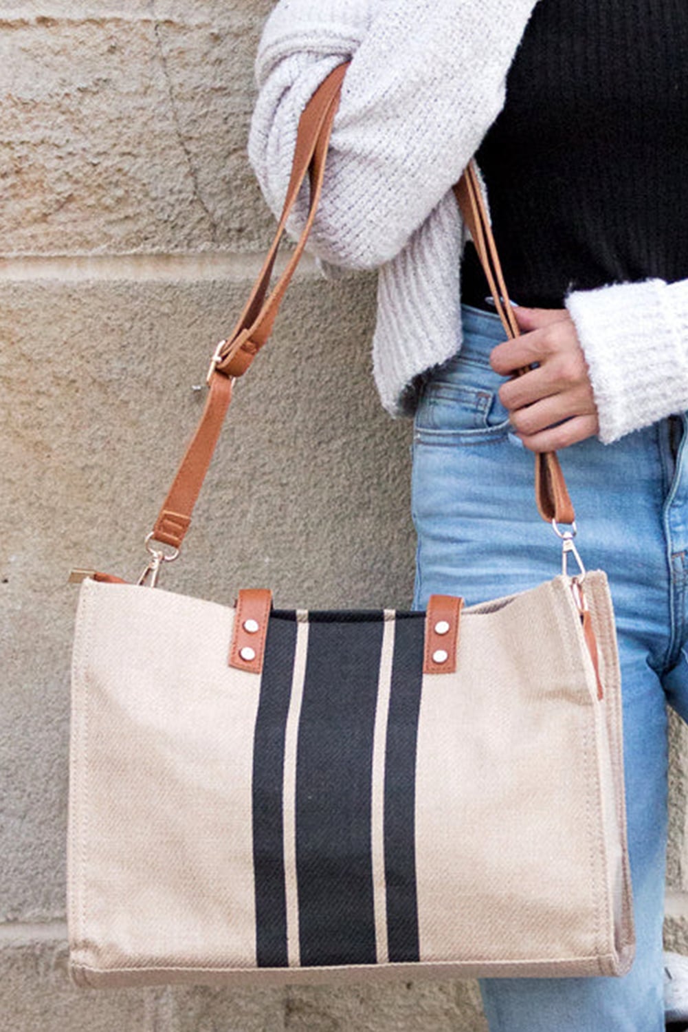 Black Striped Print Contrast PU Leather Handle Patchwork Shoulder Bag