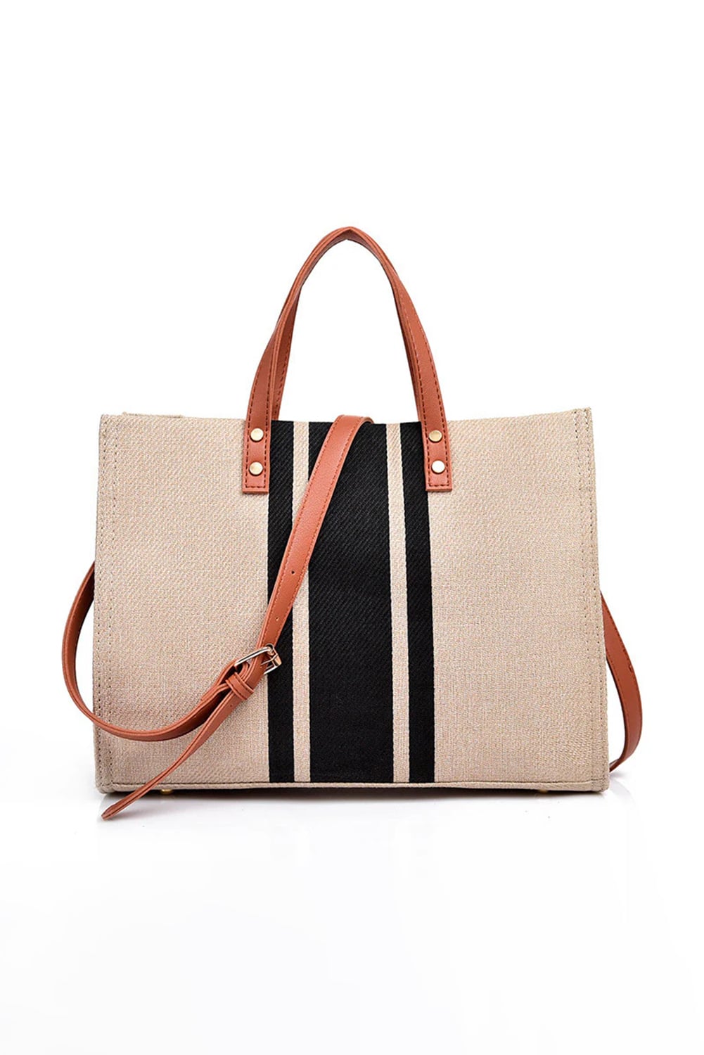 Black Striped Print Contrast PU Leather Handle Patchwork Shoulder Bag