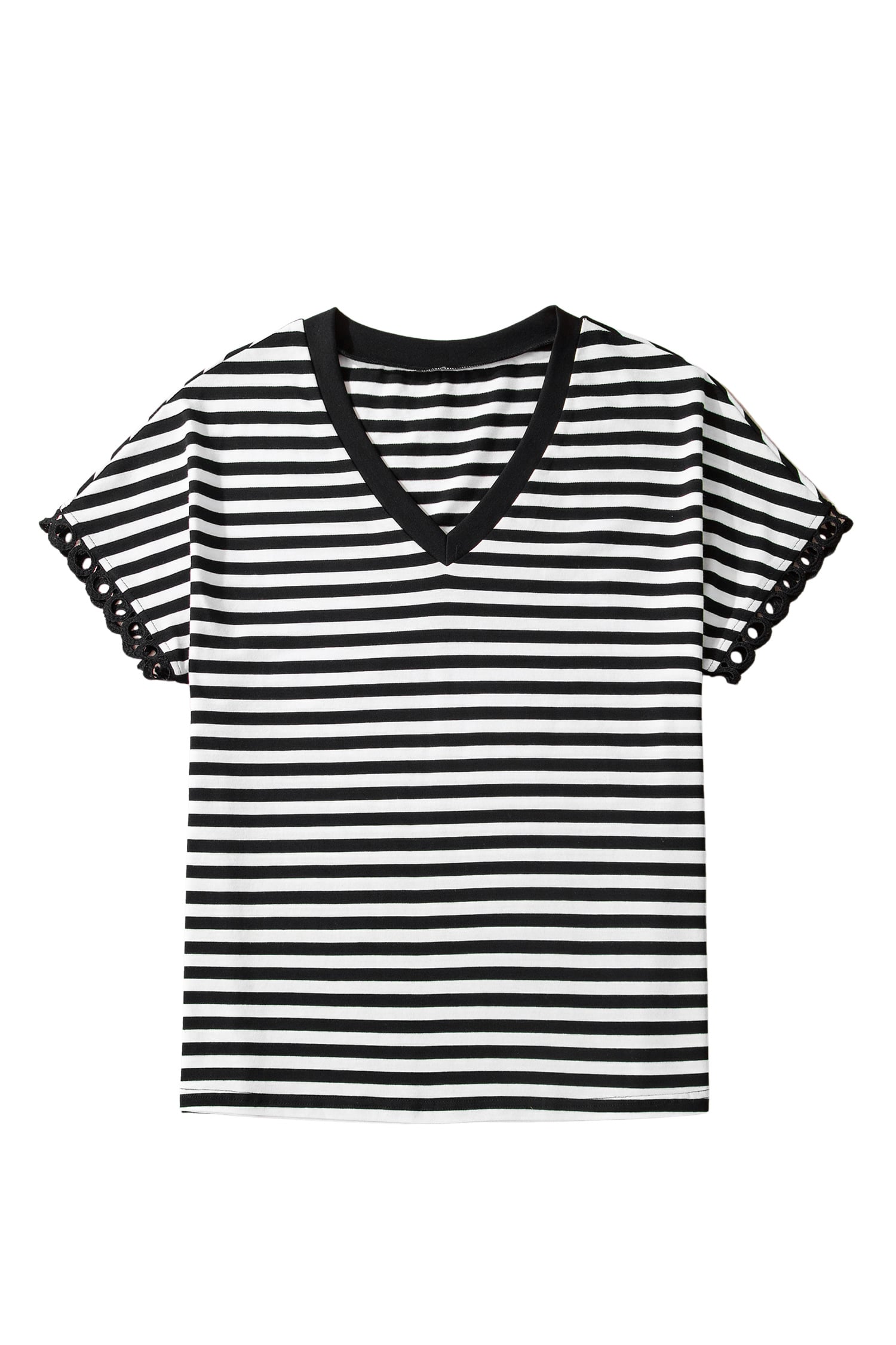 Black Striped Print V Neck Delicate Trim Casual Tee