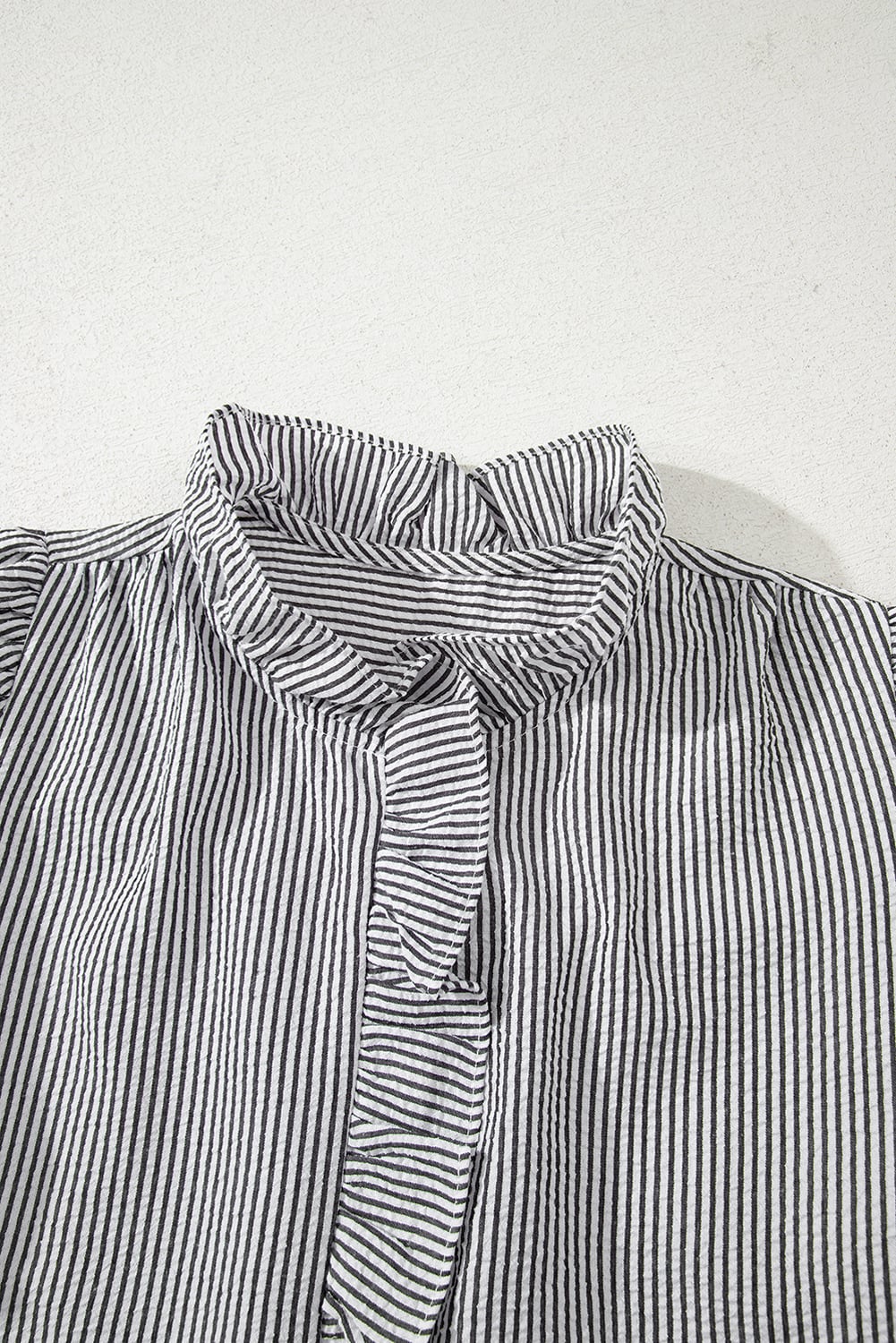 Black Striped Ruffle Short Bubble Sleeve Shirt