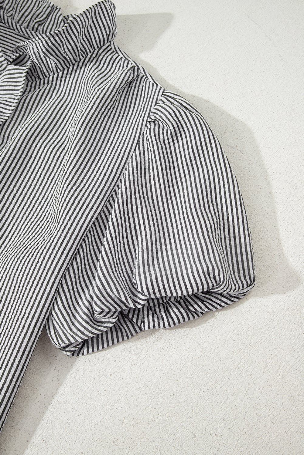 Black Striped Ruffle Short Bubble Sleeve Shirt