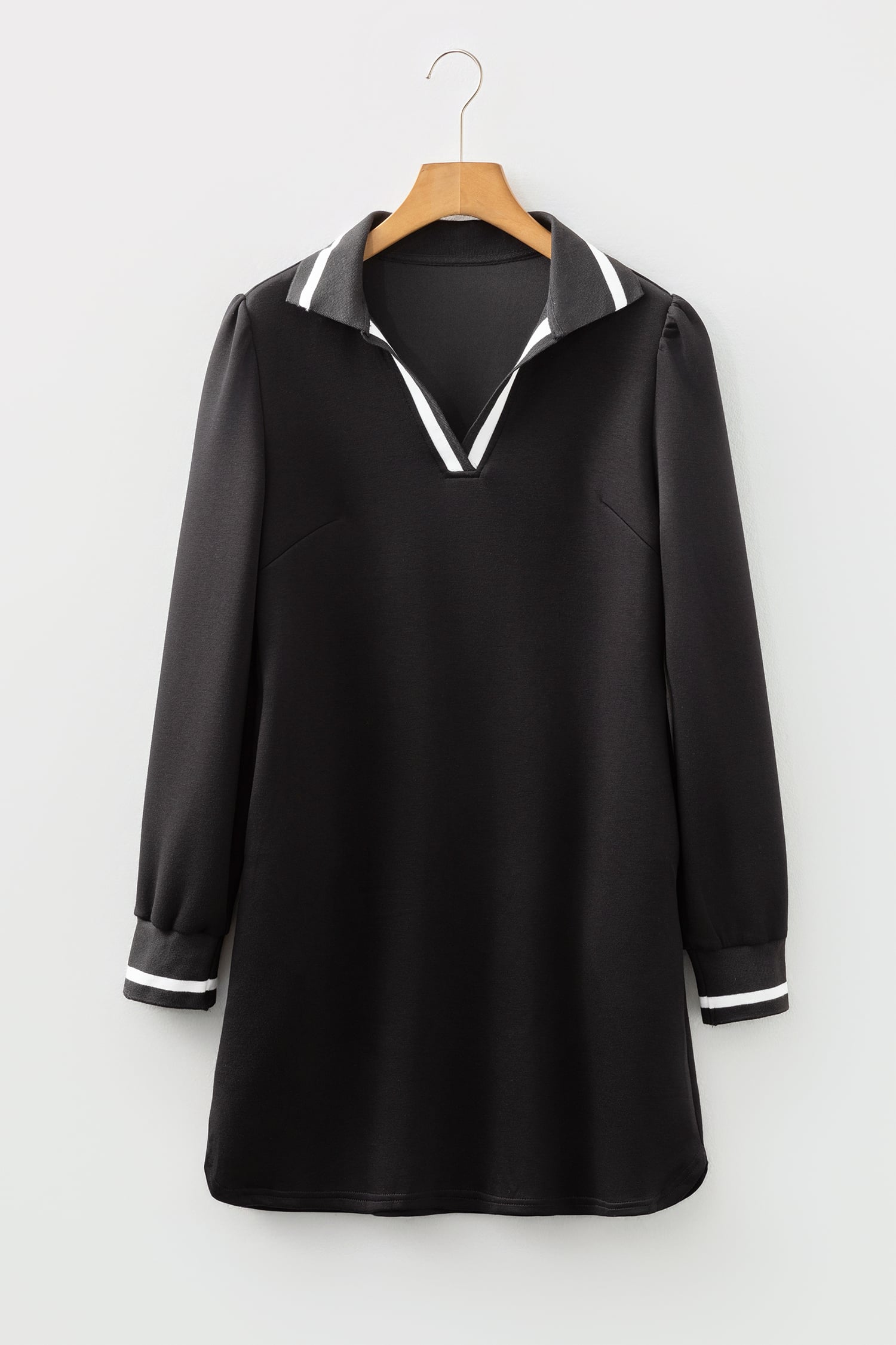 Black Striped Trim V Neck Collared Long Sleeve Shift Mini Dress